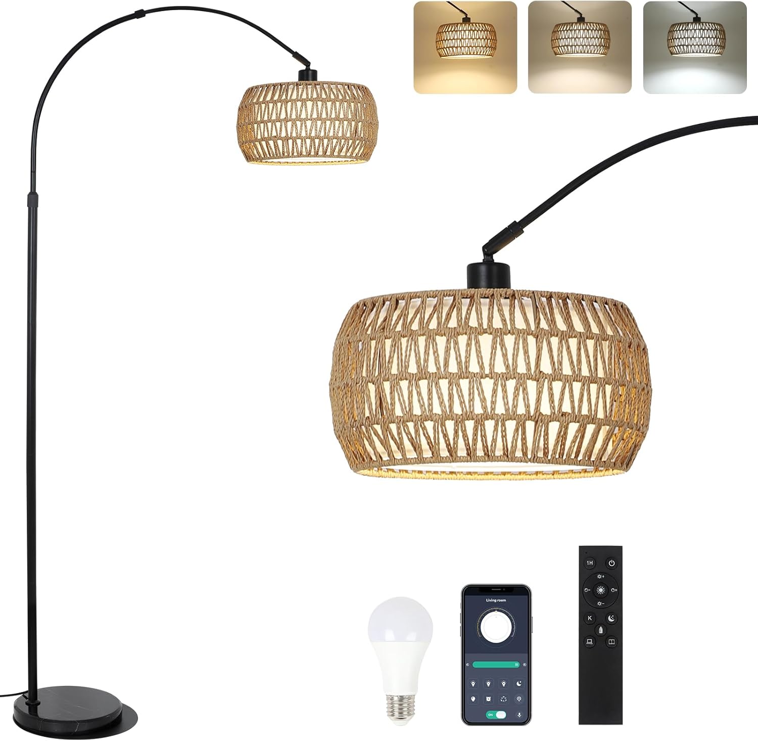 Arc Rattan Floor Lamp Marble Base Dimmable CCT Remote Control 160–185cm