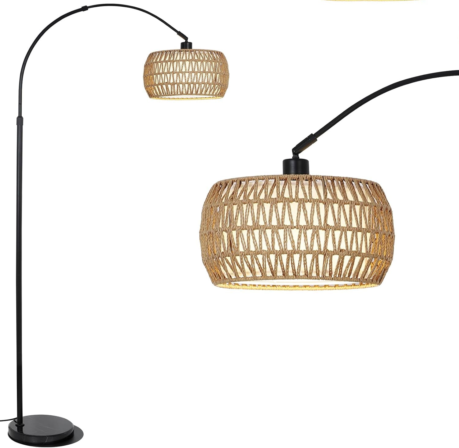 Arc Rattan Floor Lamp Marble Base Dimmable CCT Remote Control 160–185cm
