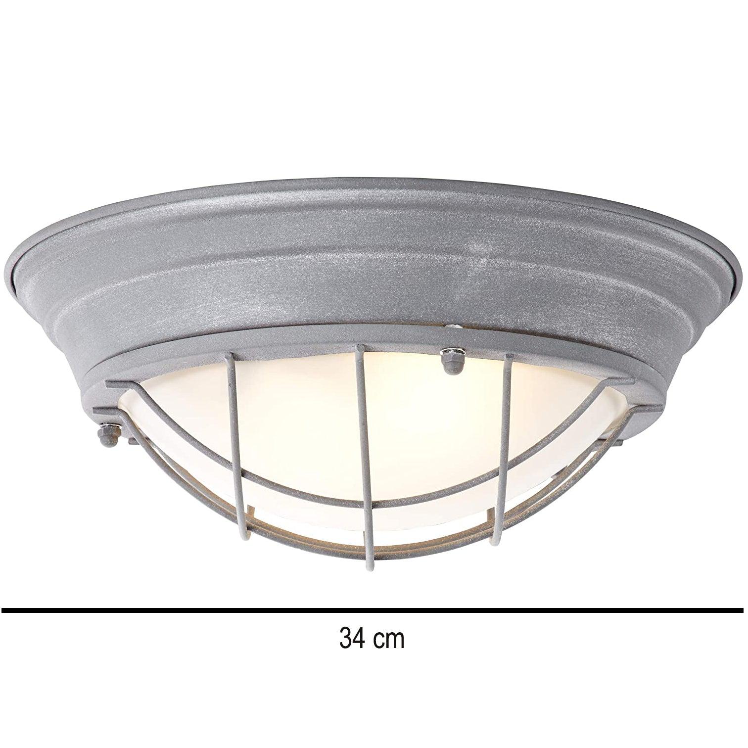 Porthole Ceiling Light Concrete-Effect Metal Frosted Glass 2×E27 Ø34cm