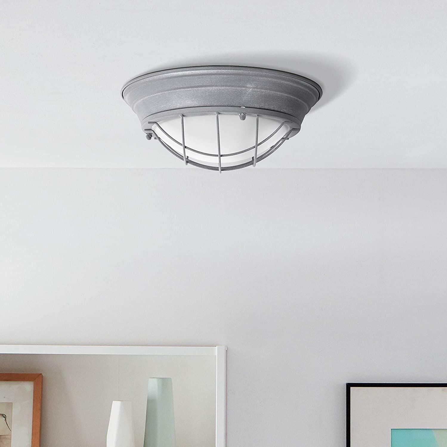 Porthole Ceiling Light Concrete-Effect Metal Frosted Glass 2×E27 Ø34cm