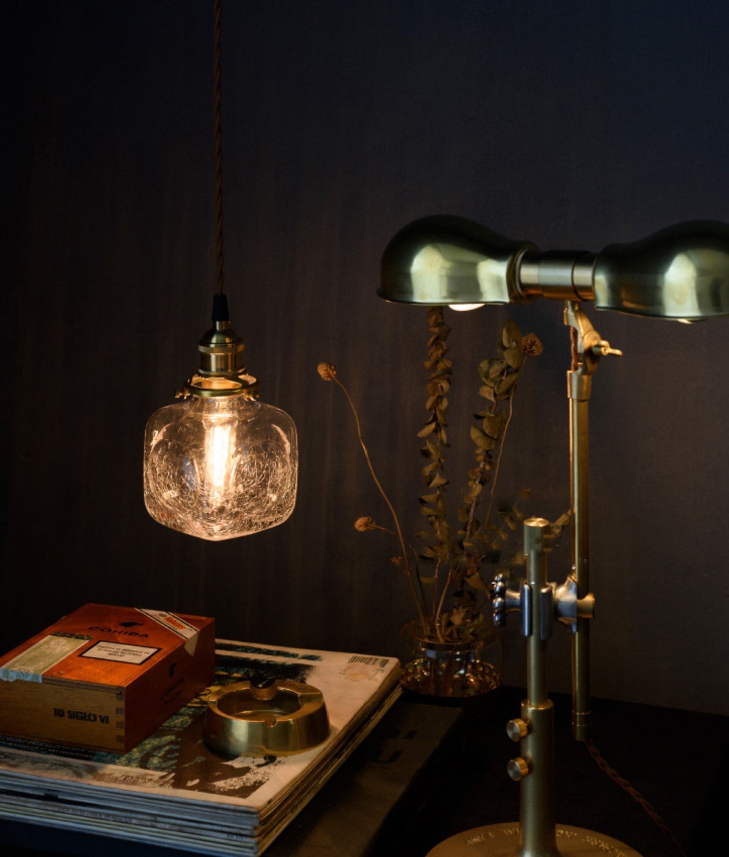Brass & Textured Glass Pendant Light