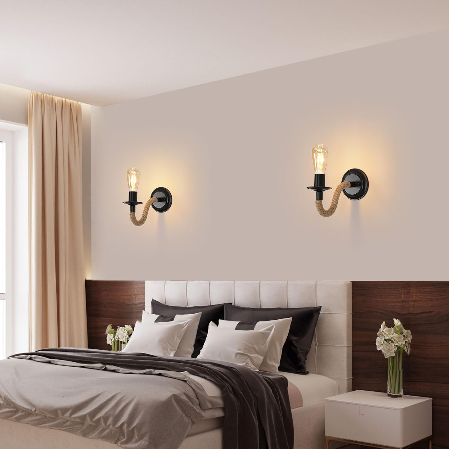 Rope Wall Light Hemp & Black Iron E27 Max 40W — Set of 2