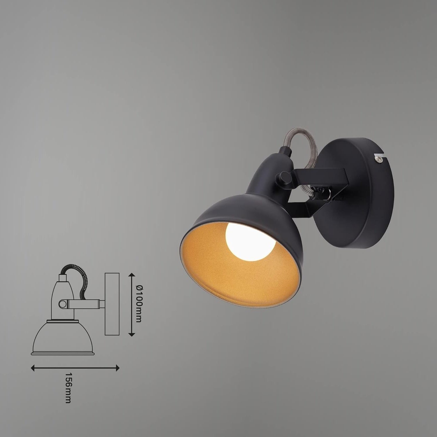 Industrial Wall Light Matt Black Gold Interior E14 350° Spotlight
