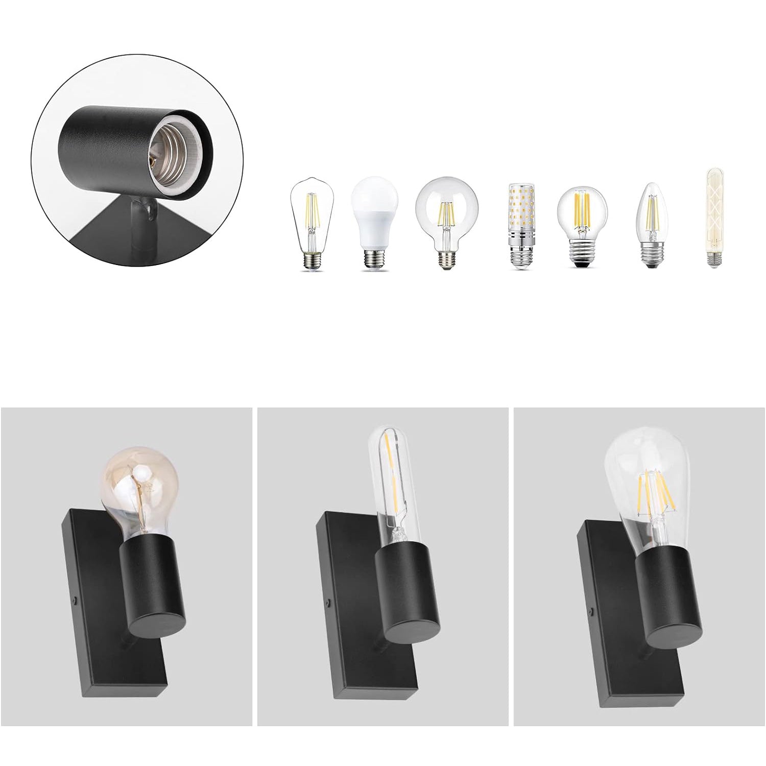 Industrial Wall Light Matt Black Iron E27 350° Spotlight — Set of 2