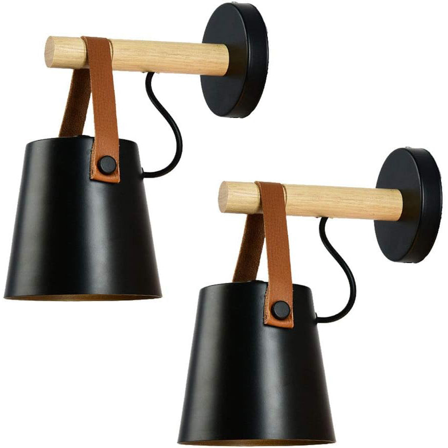 Industrial Loft Wall Light Wood Leather Matte Black E27 Max 40W