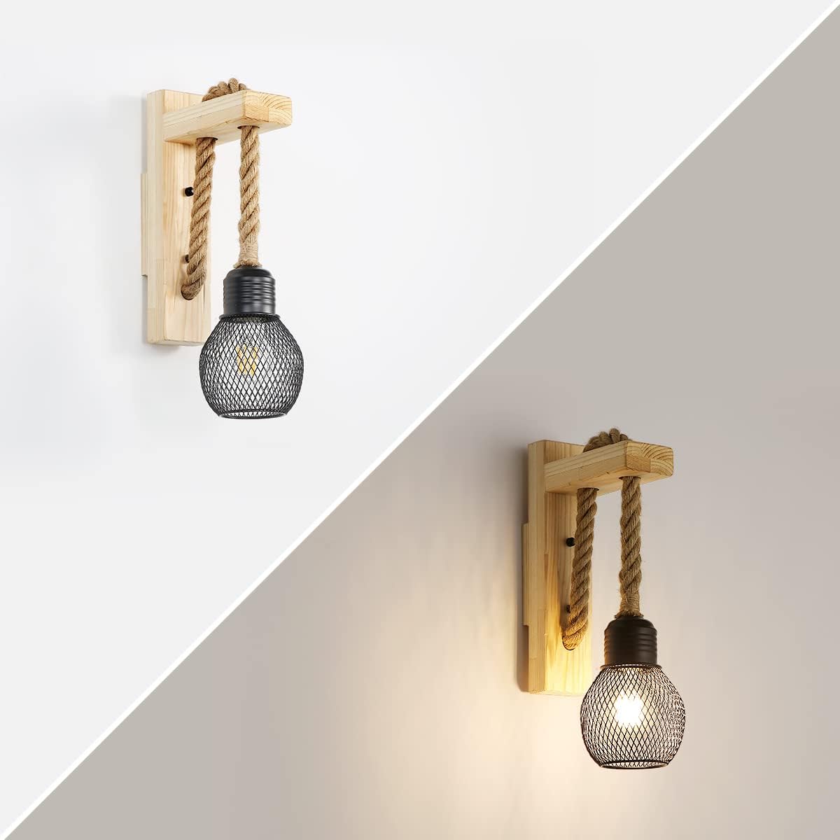 Rope and Wood Wall Light Hemp Rope Natural Wood E27 Max 40W Rustic