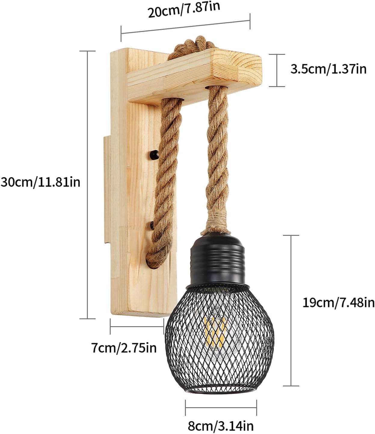 Rope and Wood Wall Light Hemp Rope Natural Wood E27 Max 40W Rustic