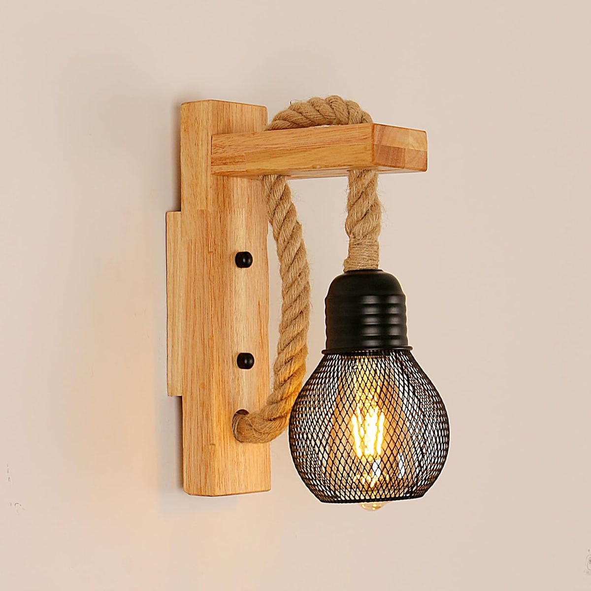Rope and Wood Wall Light Hemp Rope Natural Wood E27 Max 40W Rustic