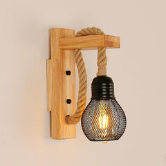 Rope and Wood Wall Light Hemp Rope Natural Wood E27 Max 40W Rustic