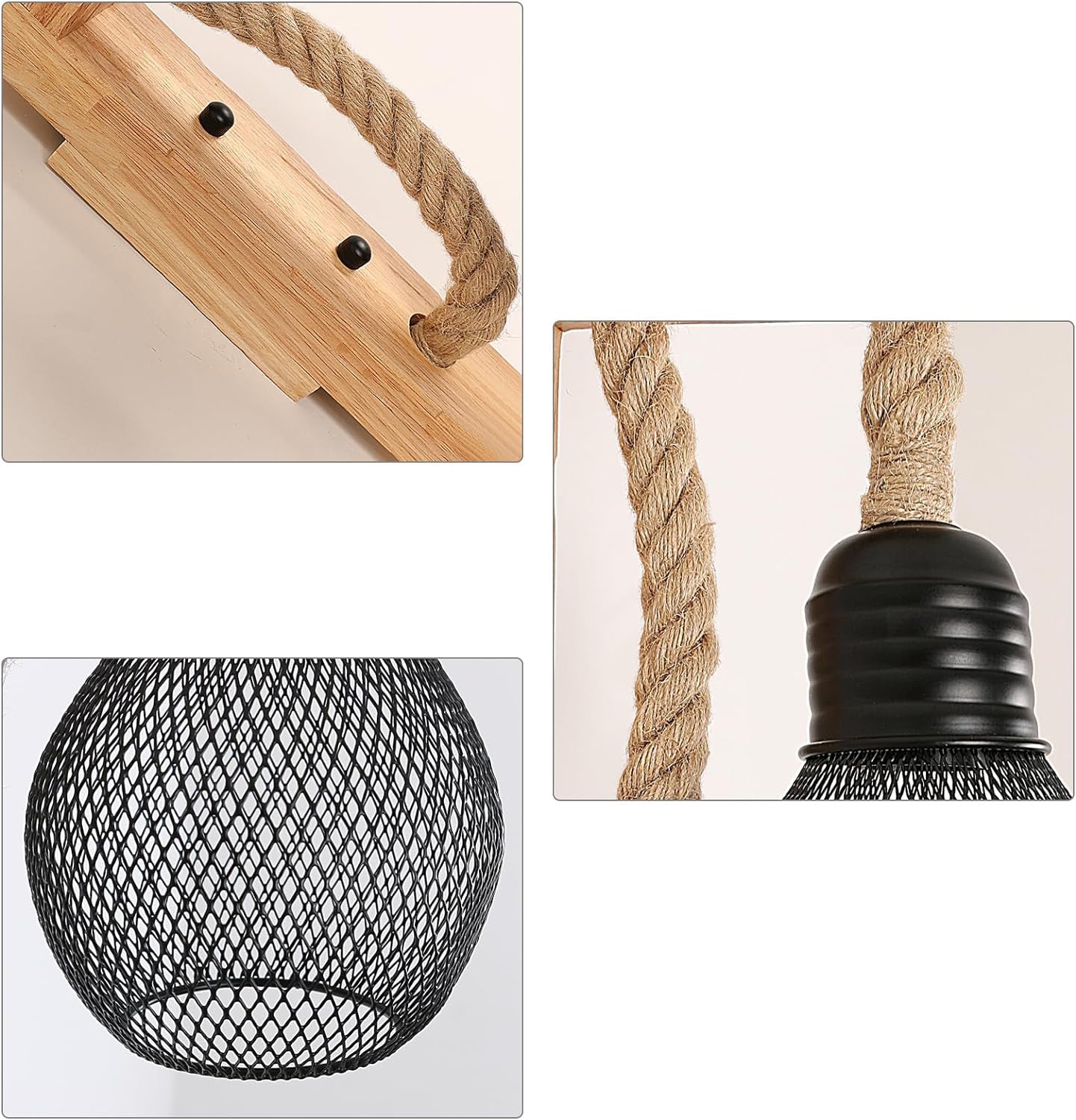 Rope and Wood Wall Light Hemp Rope Natural Wood E27 Max 40W Rustic