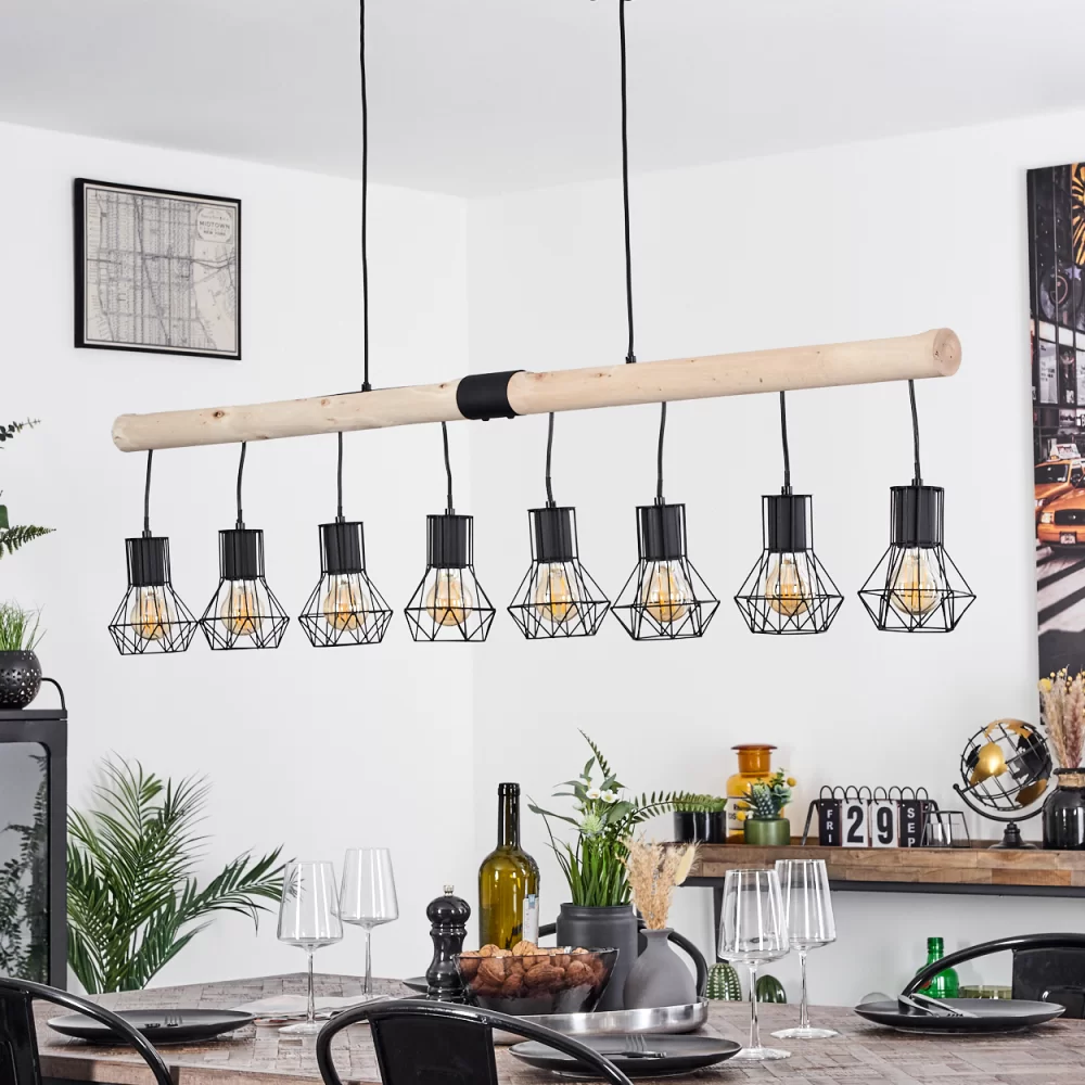 Large Industrial Chandelier Solid Wood Black Metal 8×E27 140cm