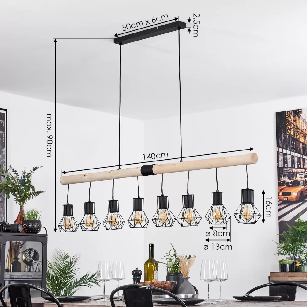 Large Industrial Chandelier Solid Wood Black Metal 8×E27 140cm