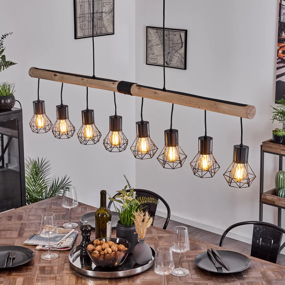 Large Industrial Chandelier Solid Wood Black Metal 8×E27 140cm