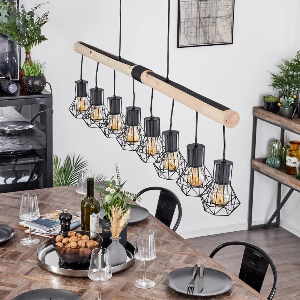 Large Industrial Chandelier Solid Wood Black Metal 8×E27 140cm