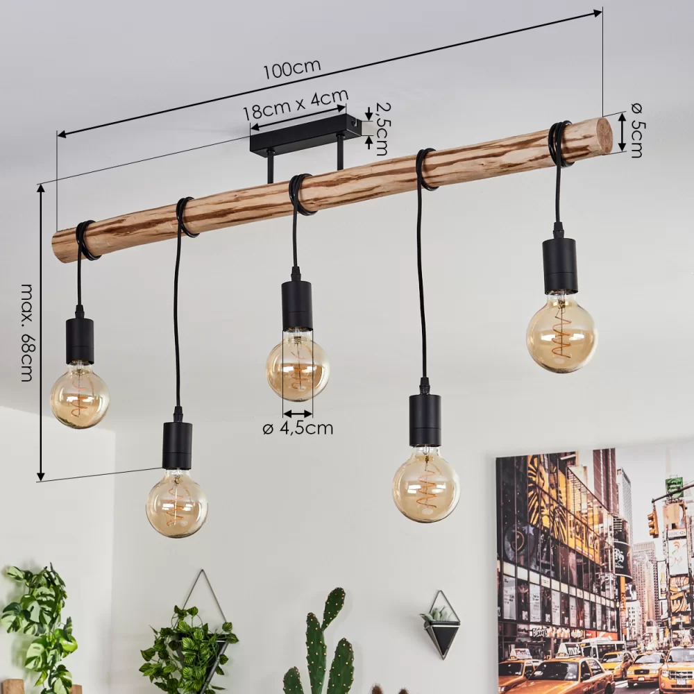 Large Wooden Ceiling Light Industrial Solid Wood Metal 5×E27 100cm