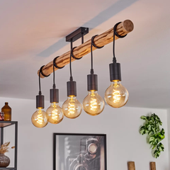Large Wooden Ceiling Light Industrial Solid Wood Metal 5×E27 100cm