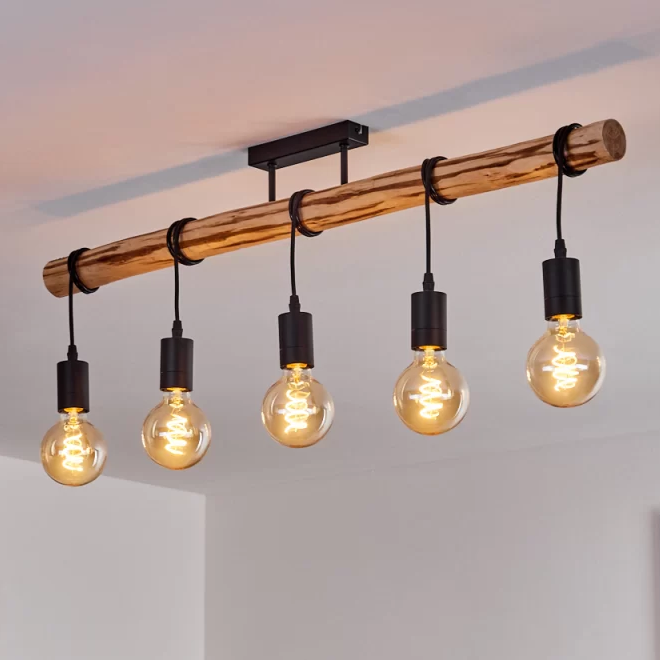 Large Wooden Ceiling Light Industrial Solid Wood Metal 5×E27 100cm
