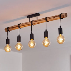 Large Wooden Ceiling Light Industrial Solid Wood Metal 5×E27 100cm