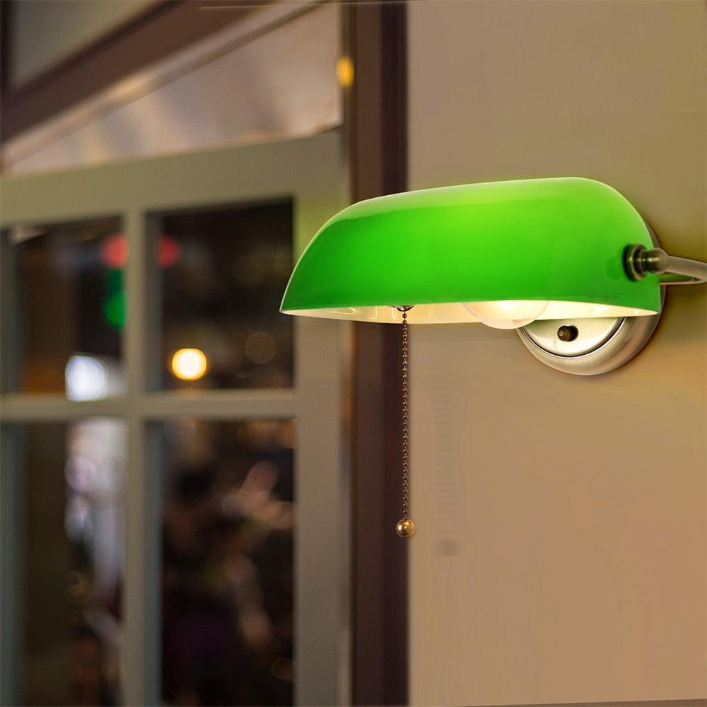 Banker's Lamp Wall Light Opal Green Glass Brass E27 Pull Cord