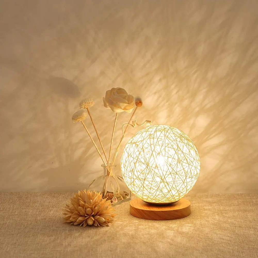 Natural Rattan Shade Table Lamp Wood Base Boho