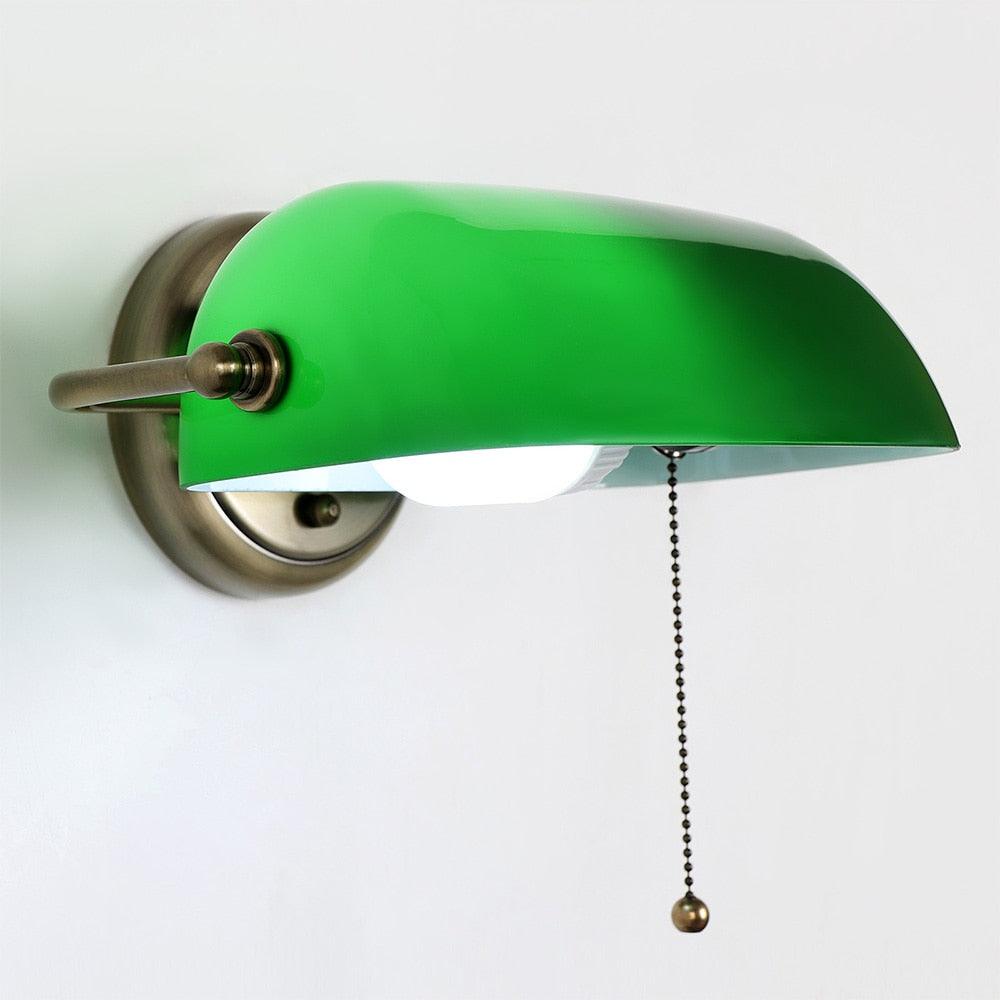 Banker's Lamp Wall Light Opal Green Glass Brass E27 Pull Cord