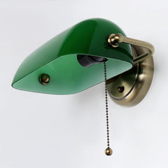 Banker's Lamp Wall Light Opal Green Glass Brass E27 Pull Cord