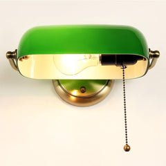 Banker's Lamp Wall Light Opal Green Glass Brass E27 Pull Cord