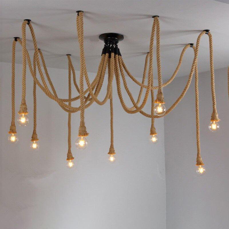 Rope Spider Chandelier Hemp Braided Iron E27 3 6 10 Heads