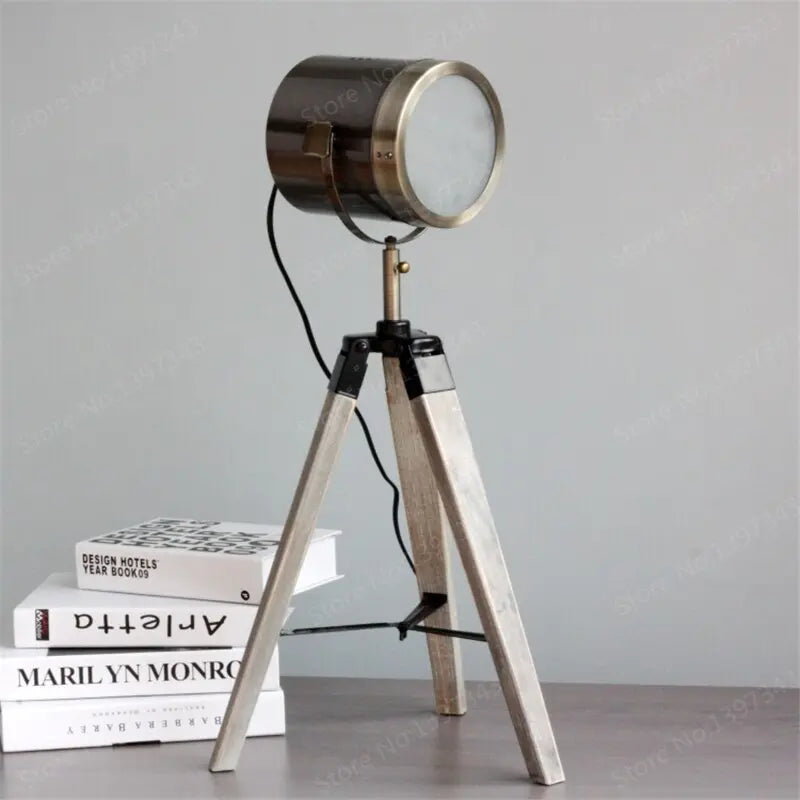 Industrial Tripod Floor Lamp E14 — Wood & Metal, 65 cm
