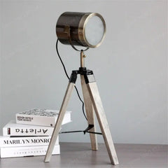 Industrial Tripod Floor Lamp E14 — Wood & Metal, 65 cm