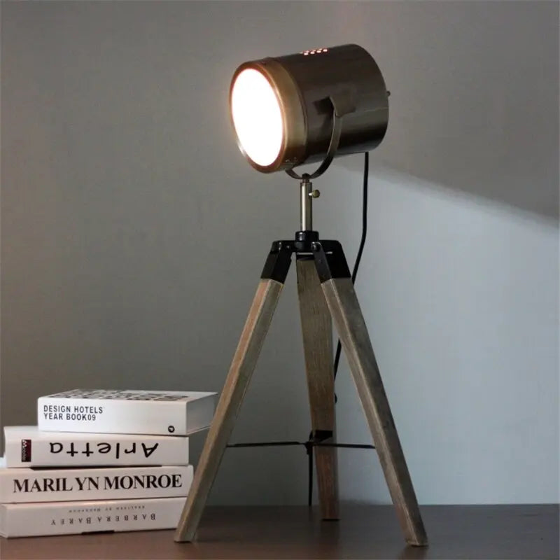 Industrial Tripod Floor Lamp E14 — Wood & Metal, 65 cm