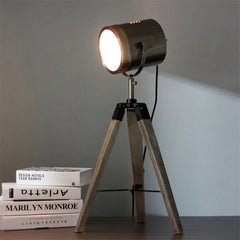 Industrial Tripod Floor Lamp E14 — Wood & Metal, 65 cm