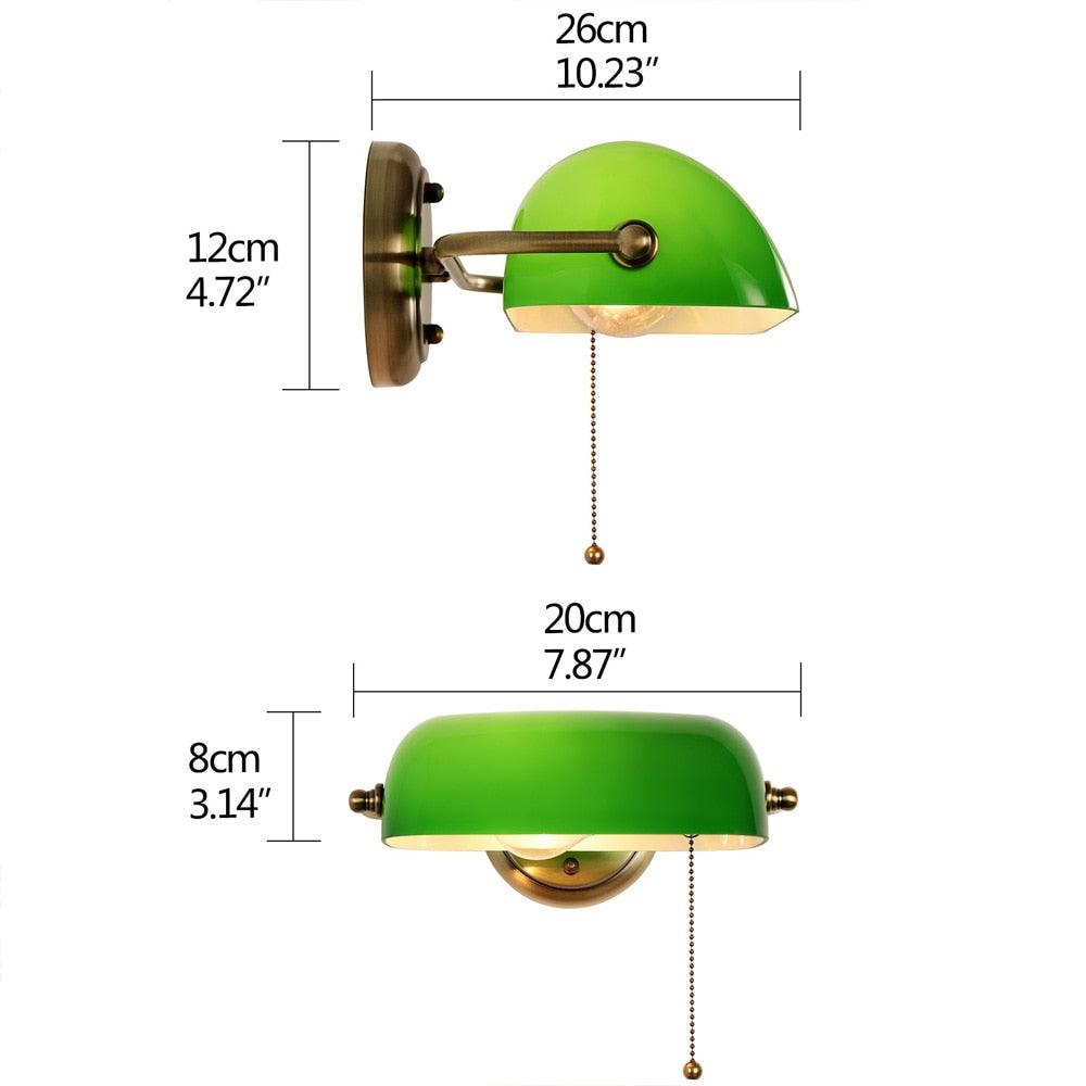 Banker's Lamp Wall Light Opal Green Glass Brass E27 Pull Cord