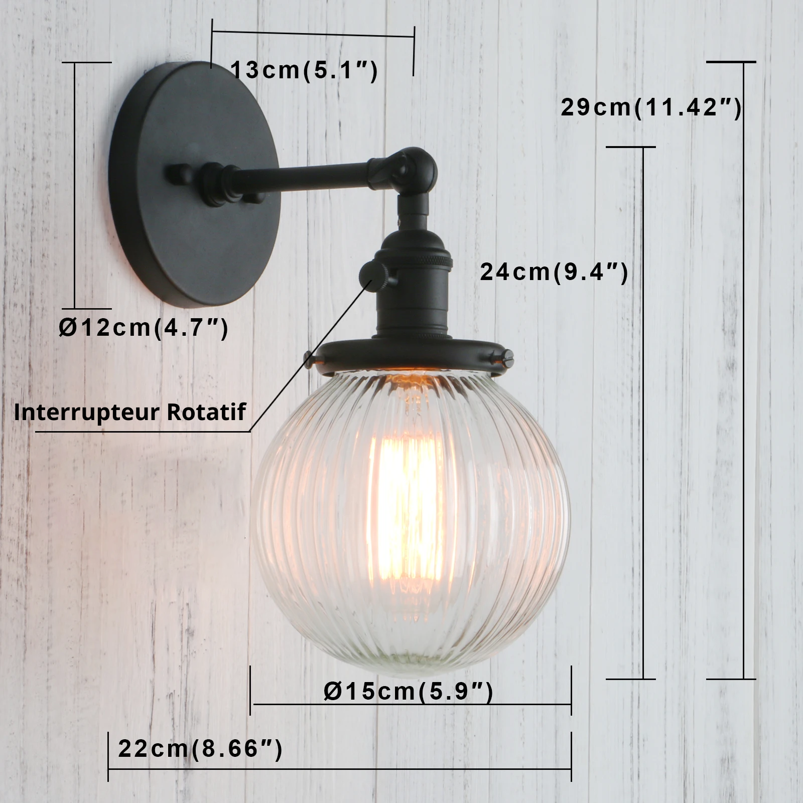 Holophane Wall Light Prismatic Glass E27 Rotary Switch — 4 Finishes