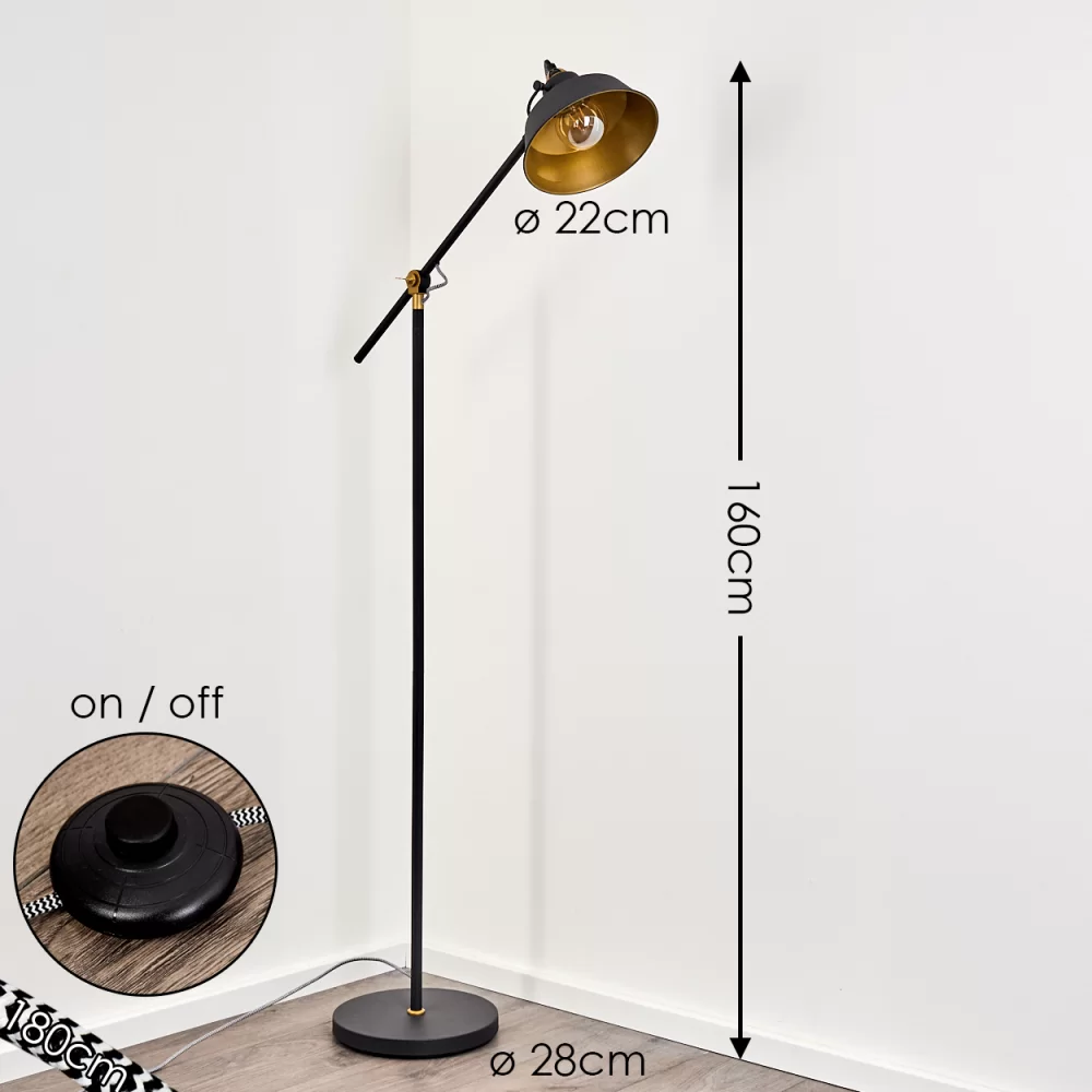 Industrial Offset Floor Lamp Black Metal Gold Interior Shade E27