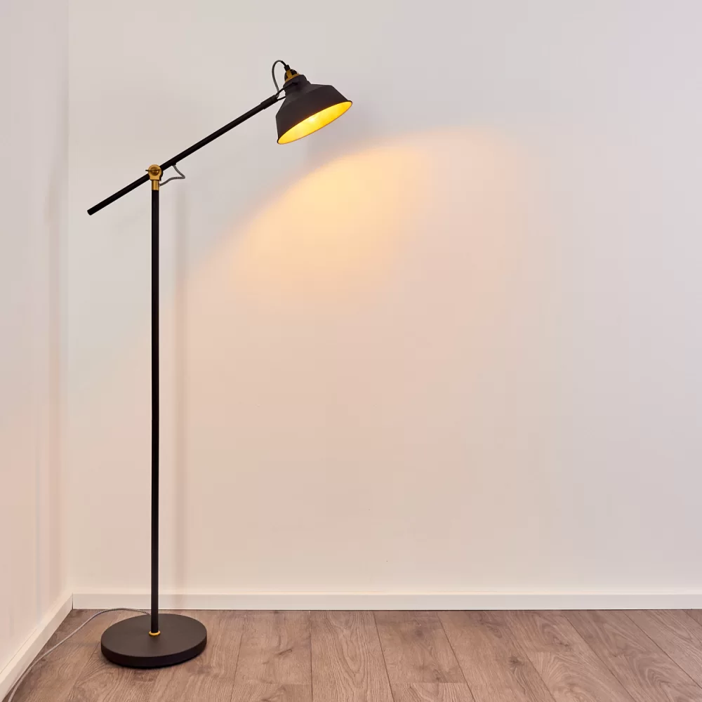 Industrial Offset Floor Lamp Black Metal Gold Interior Shade E27