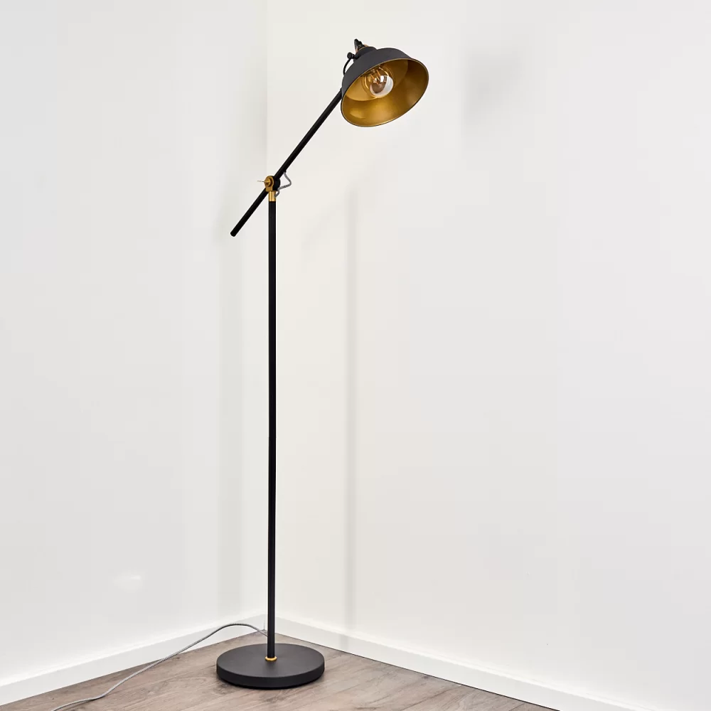 Industrial Offset Floor Lamp Black Metal Gold Interior Shade E27
