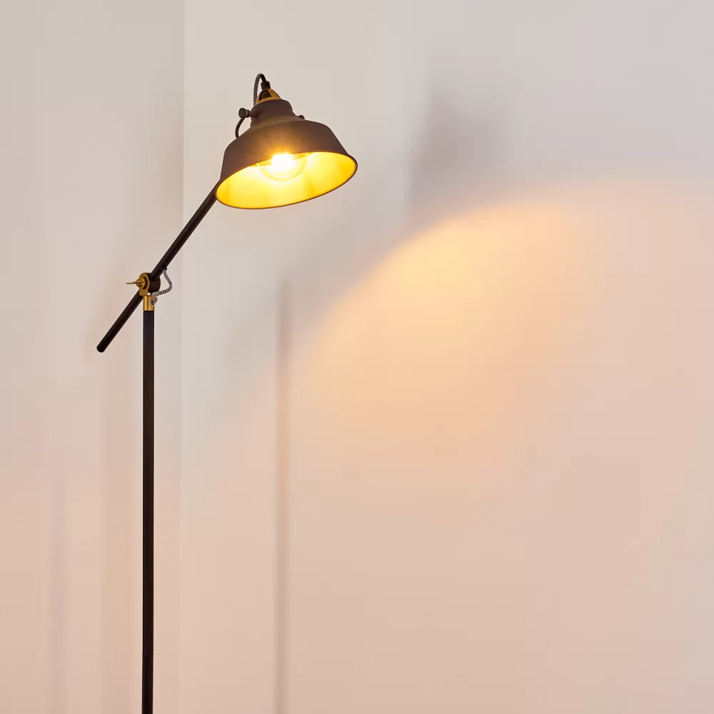 Industrial Offset Floor Lamp Black Metal Gold Interior Shade E27
