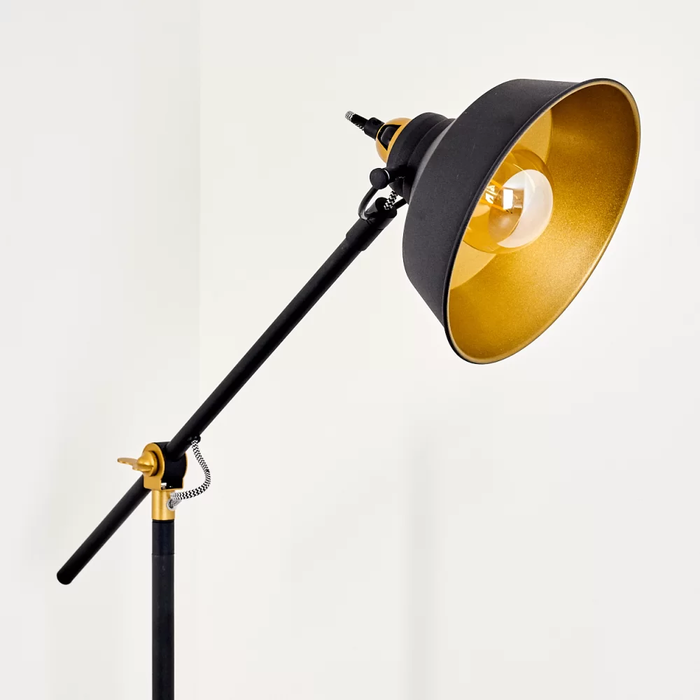 Industrial Offset Floor Lamp Black Metal Gold Interior Shade E27