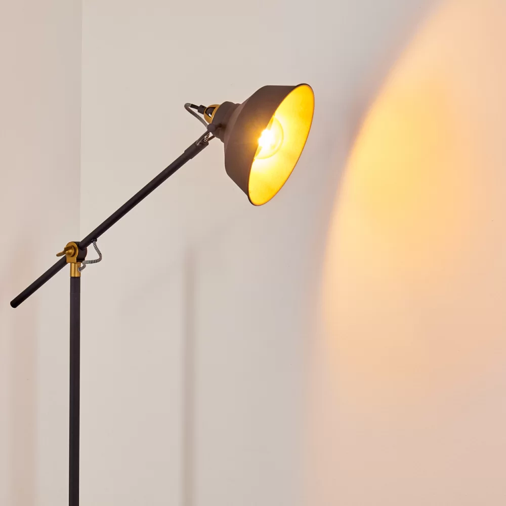 Industrial Offset Floor Lamp Black Metal Gold Interior Shade E27
