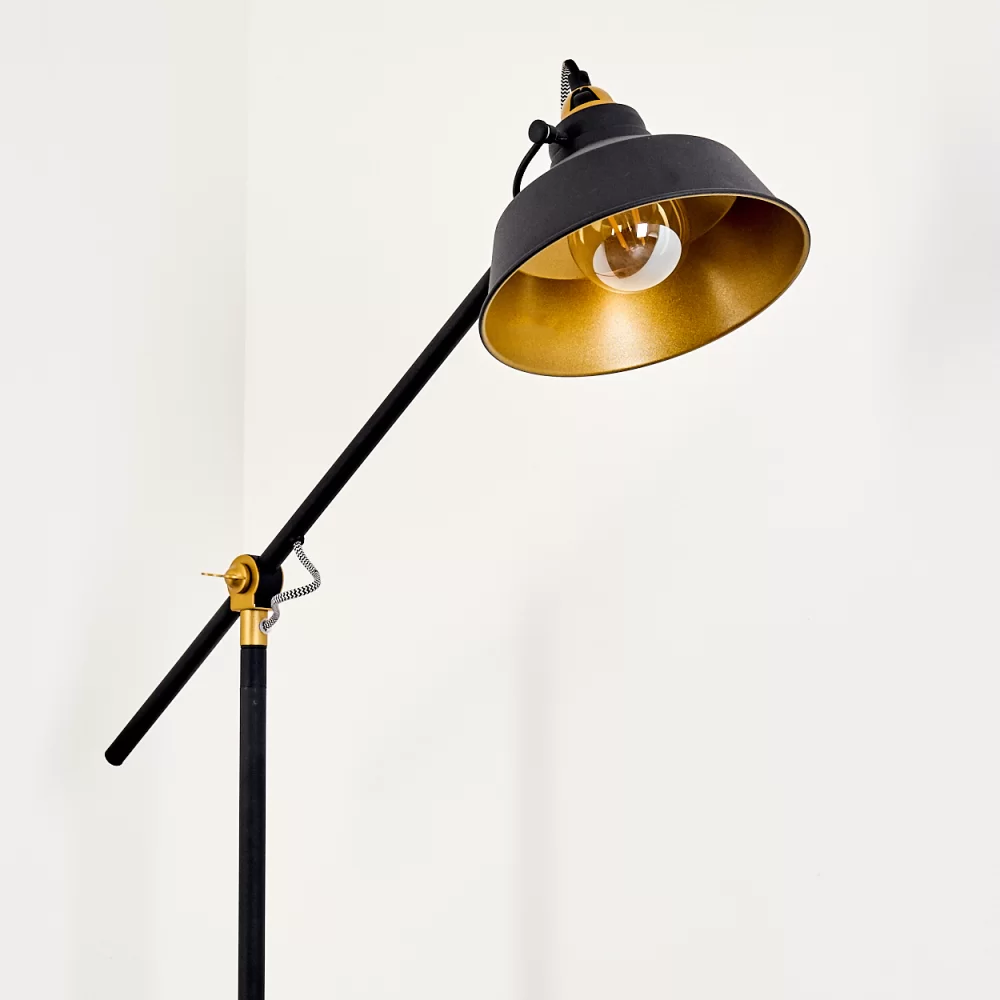 Industrial Offset Floor Lamp Black Metal Gold Interior Shade E27