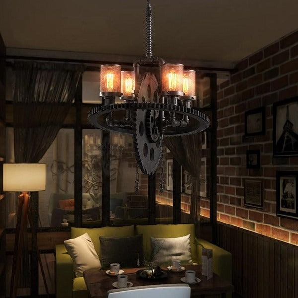 Industrial Gear Wheel Pendant Light Forged Steel E27 — 2 or 4 Arms