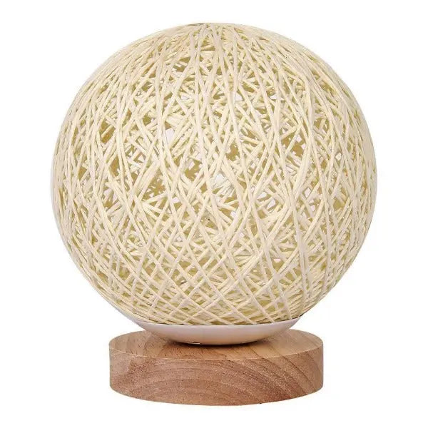 Rattan Table Lamp Beige Woven Shade Wooden Base E27