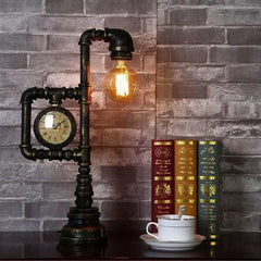 Steampunk Table Lamp Clock Glass Black Metal E27