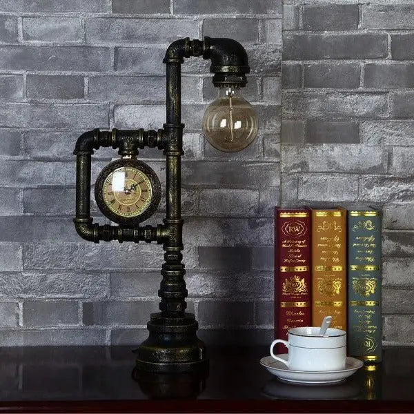 Steampunk Table Lamp Clock Glass Black Metal E27