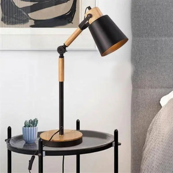 Adjustable Industrial Table Lamp Wood Black Metal Shade E27