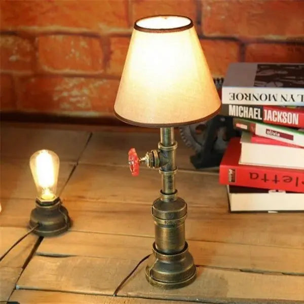 Retro Industrial Pipe Table Lamp Aged Brass Red Valve E27