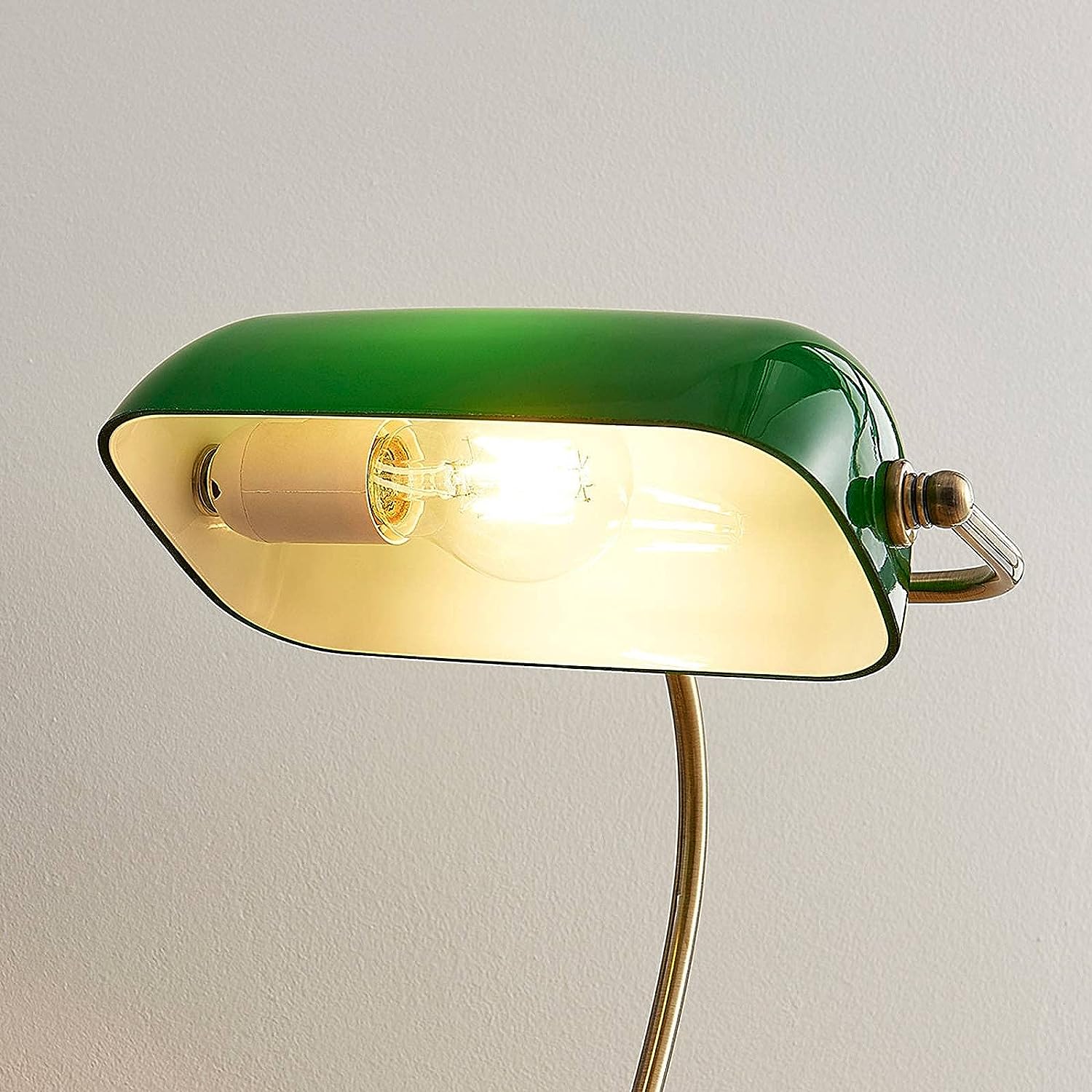Designer Banker's Desk Lamp Brushed Brass Green Opaline Shade E27
