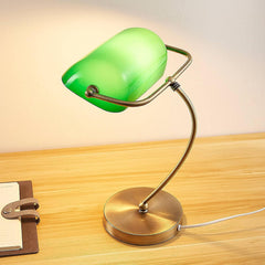 Designer Banker's Desk Lamp Brushed Brass Green Opaline Shade E27