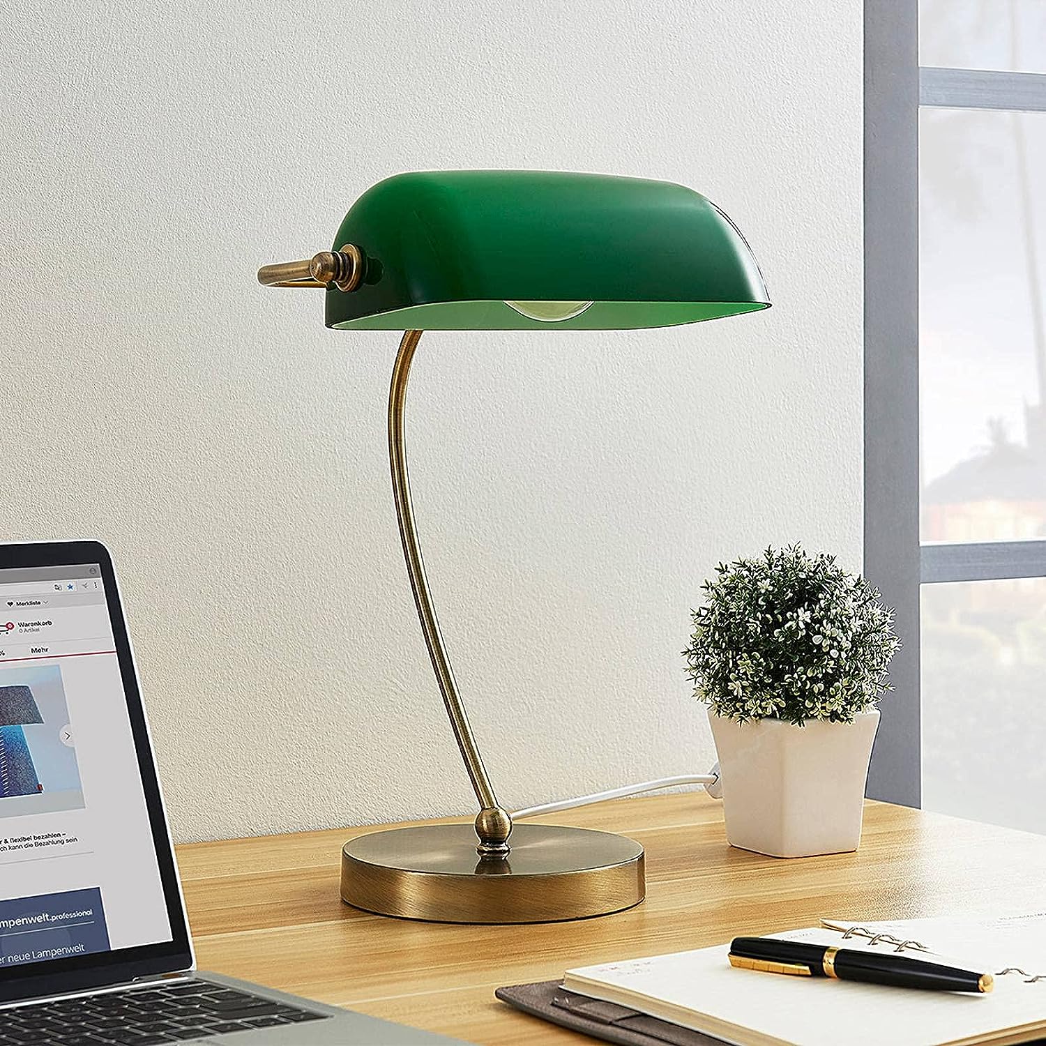 Designer Banker's Desk Lamp Brushed Brass Green Opaline Shade E27